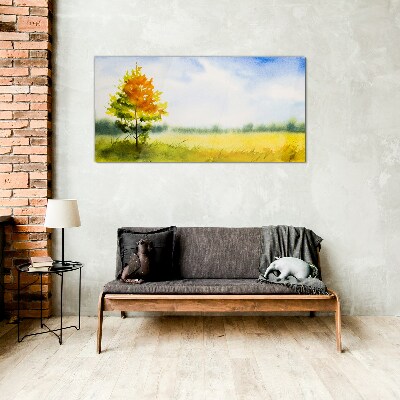 Golden autumn against the backdrop of a meadow Glass Wall Art