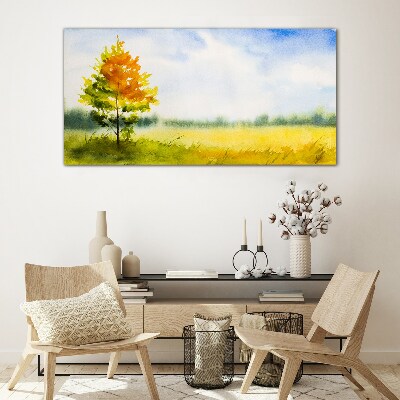 Golden autumn against the backdrop of a meadow Glass Wall Art