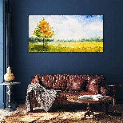 Golden autumn against the backdrop of a meadow Glass Wall Art