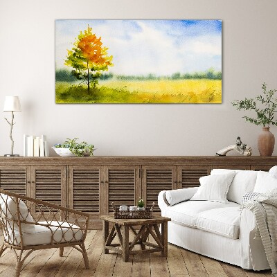 Golden autumn against the backdrop of a meadow Glass Wall Art
