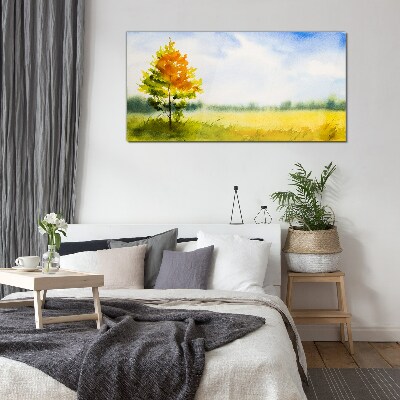 Golden autumn against the backdrop of a meadow Glass Wall Art