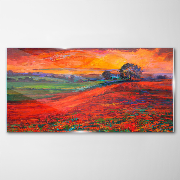 Sunset over the red field Glass Wall Art
