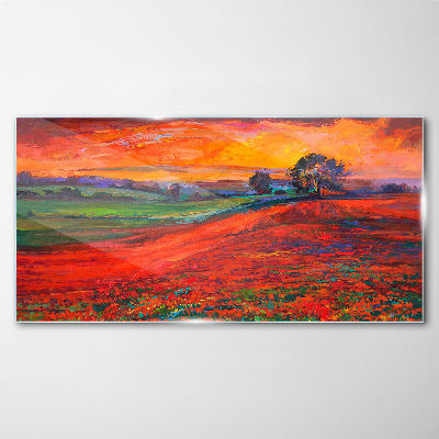 Sunset over the red field Glass Wall Art