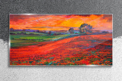 Sunset over the red field Glass Wall Art