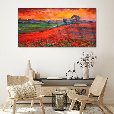 Sunset over the red field Glass Wall Art