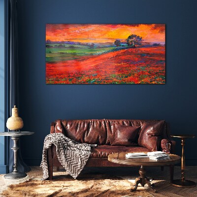 Sunset over the red field Glass Wall Art