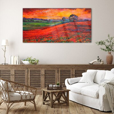 Sunset over the red field Glass Wall Art