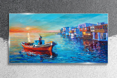 A quiet port in the setting sun Glass Wall Art
