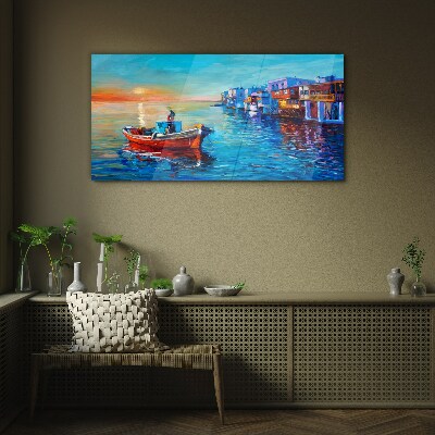 A quiet port in the setting sun Glass Wall Art