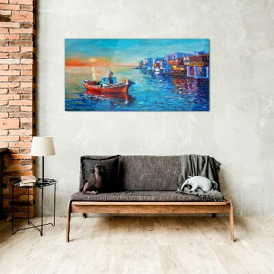 A quiet port in the setting sun Glass Wall Art