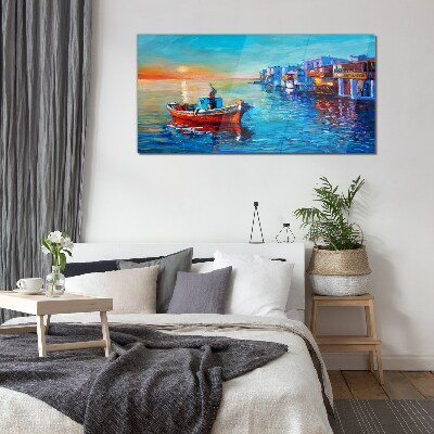 A quiet port in the setting sun Glass Wall Art