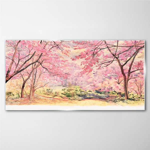 Spring landscape in shades of pink Glass Wall Art