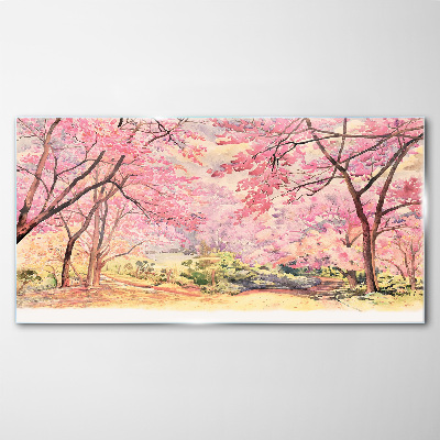 Spring landscape in shades of pink Glass Wall Art