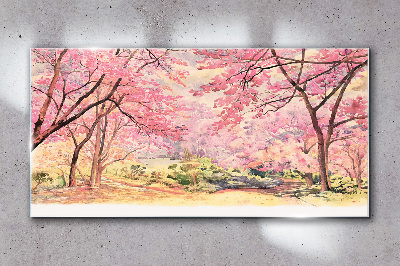Spring landscape in shades of pink Glass Wall Art