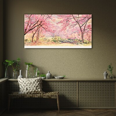 Spring landscape in shades of pink Glass Wall Art