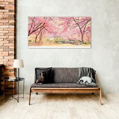 Spring landscape in shades of pink Glass Wall Art