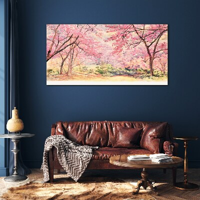 Spring landscape in shades of pink Glass Wall Art