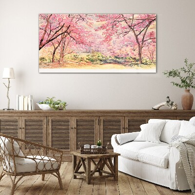 Spring landscape in shades of pink Glass Wall Art