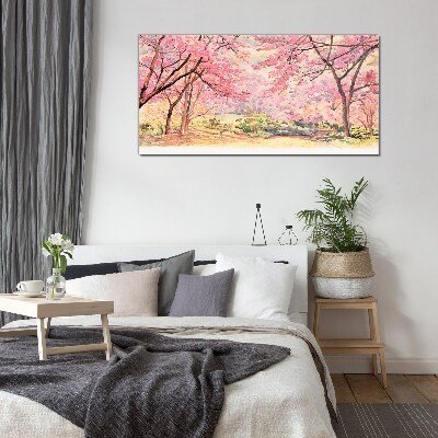 Spring landscape in shades of pink Glass Wall Art