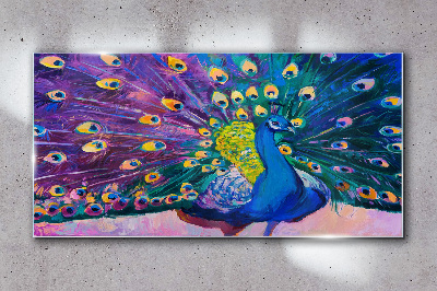 A colorful peacock in spring aura Glass Wall Art