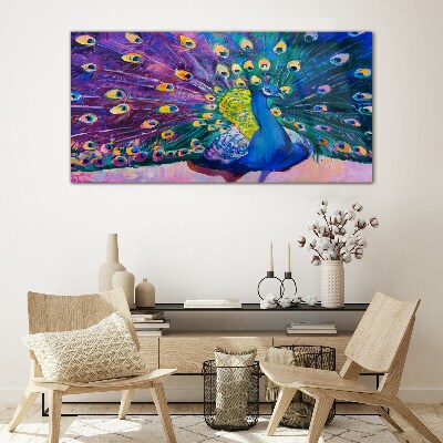 A colorful peacock in spring aura Glass Wall Art