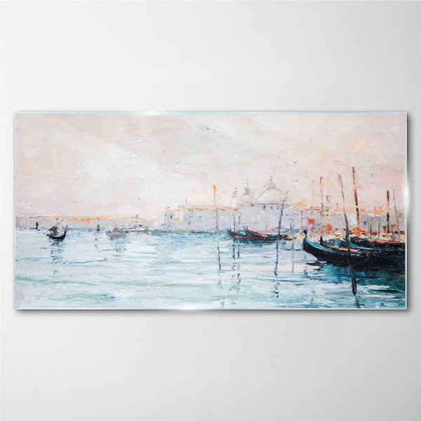 A quiet port in the morning Glass Wall Art
