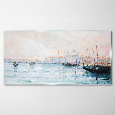 A quiet port in the morning Glass Wall Art