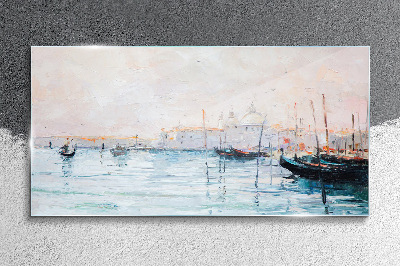 A quiet port in the morning Glass Wall Art