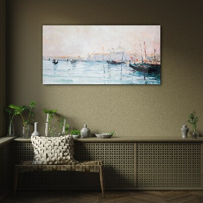 A quiet port in the morning Glass Wall Art
