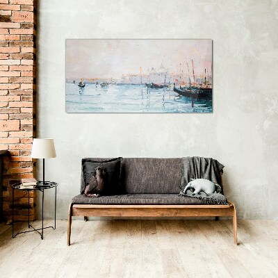 A quiet port in the morning Glass Wall Art