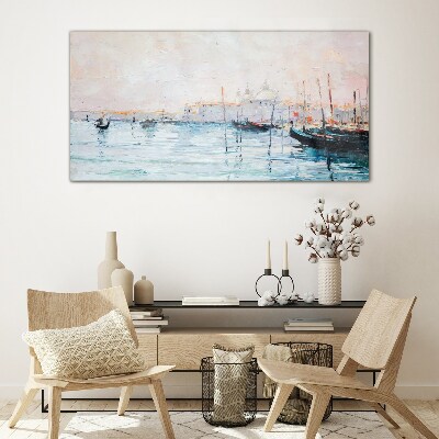 A quiet port in the morning Glass Wall Art
