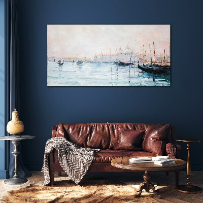A quiet port in the morning Glass Wall Art