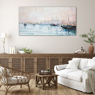 A quiet port in the morning Glass Wall Art