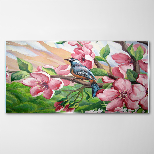 A bird against a background of spring flowers Glass Wall Art