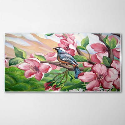 A bird against a background of spring flowers Glass Wall Art