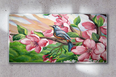 A bird against a background of spring flowers Glass Wall Art