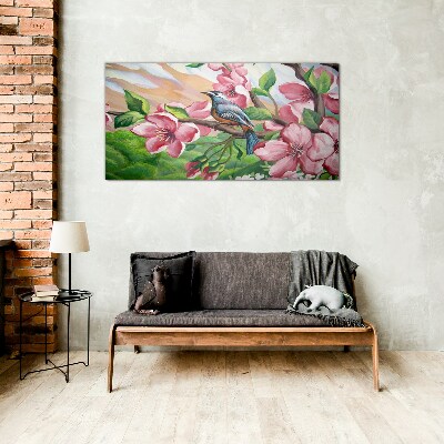 A bird against a background of spring flowers Glass Wall Art