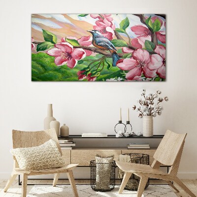 A bird against a background of spring flowers Glass Wall Art