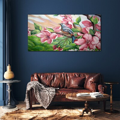 A bird against a background of spring flowers Glass Wall Art