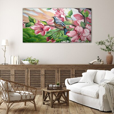 A bird against a background of spring flowers Glass Wall Art