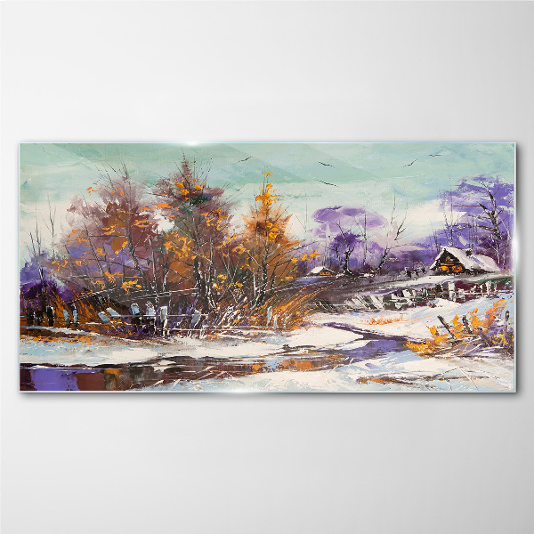 Winter landscape with a house in the forest Glass Wall Art
