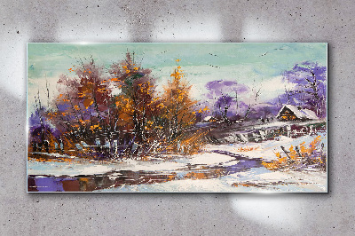 Winter landscape with a house in the forest Glass Wall Art