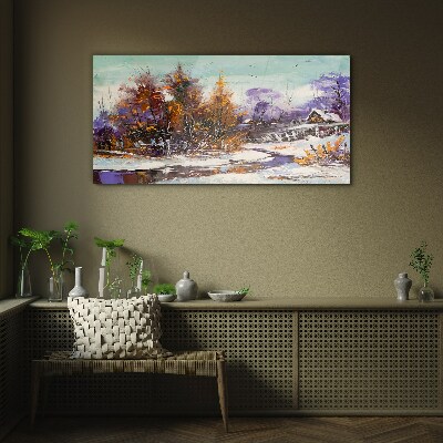 Winter landscape with a house in the forest Glass Wall Art