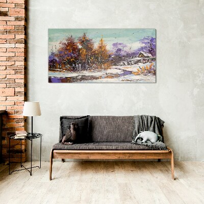 Winter landscape with a house in the forest Glass Wall Art