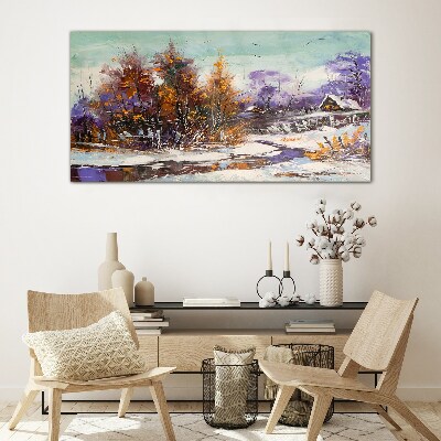 Winter landscape with a house in the forest Glass Wall Art