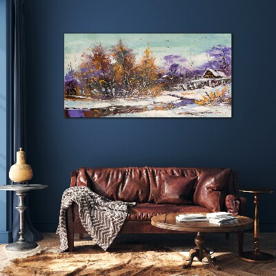 Winter landscape with a house in the forest Glass Wall Art