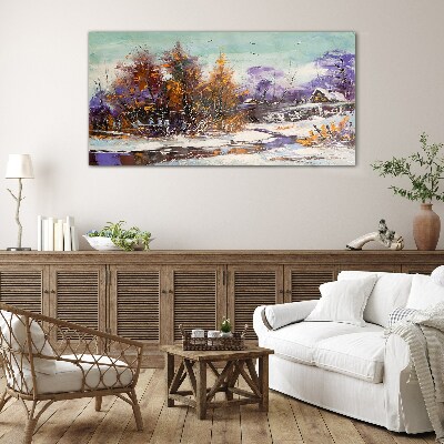 Winter landscape with a house in the forest Glass Wall Art