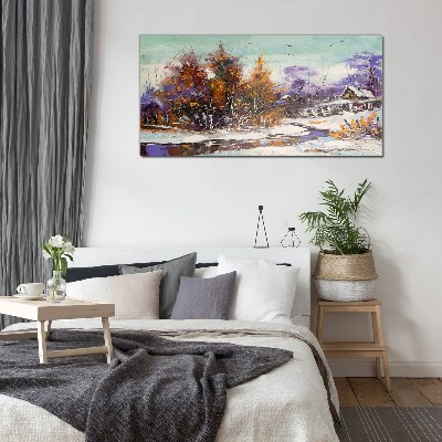 Winter landscape with a house in the forest Glass Wall Art