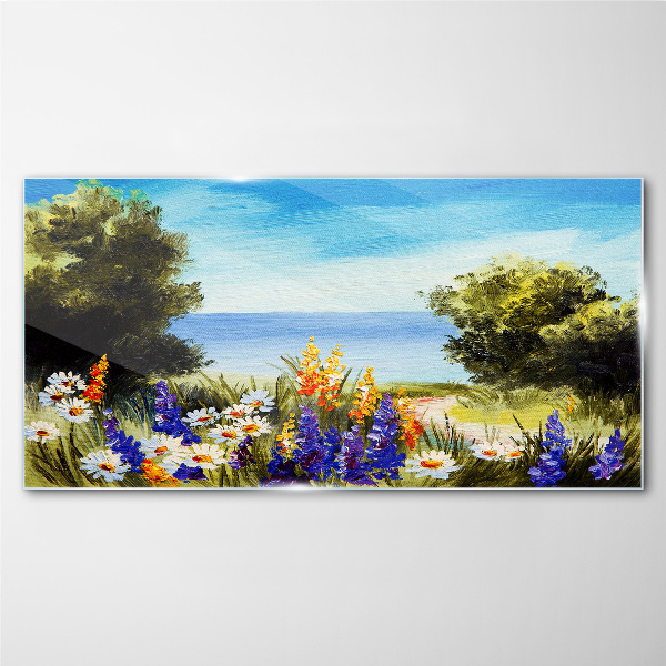 Landscape with flowers by the sea Glass Wall Art