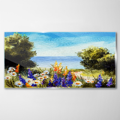 Landscape with flowers by the sea Glass Wall Art